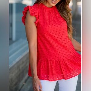 Jodifl Lace Squared Ruffle Trim Tank red eyelet blouse small